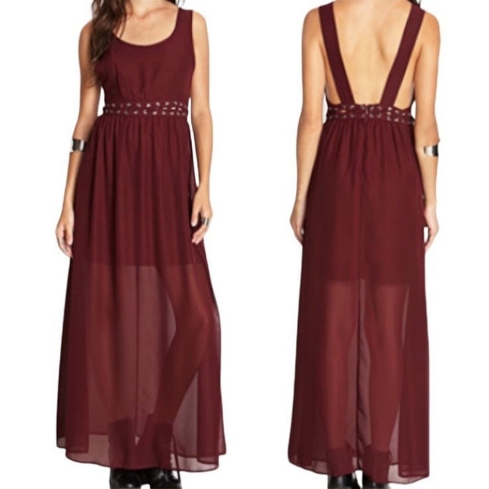 Forever 21 Burgundy Lace Up Grommet Open Back Chiffon Maxi Dress Small